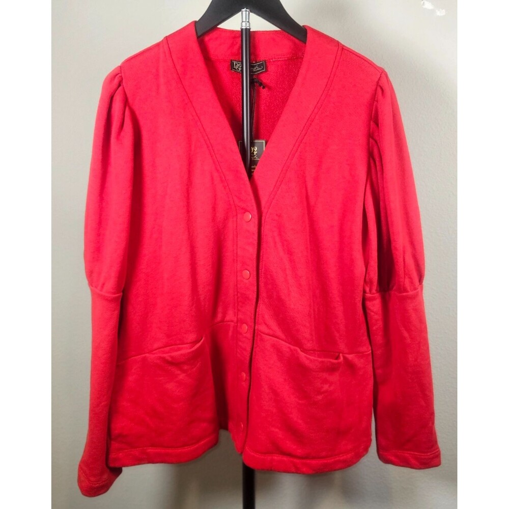D2‎ Diane Gilman Womens L Red Snap Cardigan Puff Sleeve Sweater Jacket NWT